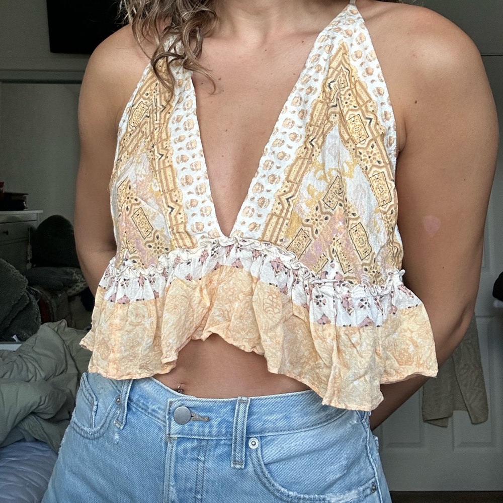 Free People Yellow and Cream Patterned Crop Top